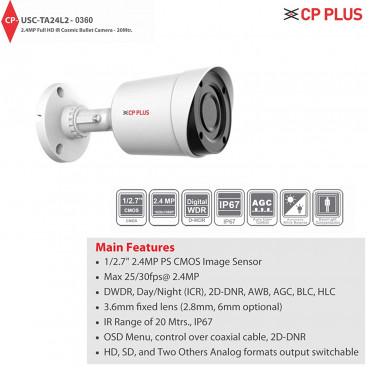 CP PLUS SRPL 2.4 MP Cosmic HD IR Bullet Night Vision OSD Camera (White, 3.6 mm-1080P)
