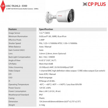 CP PLUS SRPL 2.4 MP Cosmic HD IR Bullet Night Vision OSD Camera (White, 3.6 mm-1080P)
