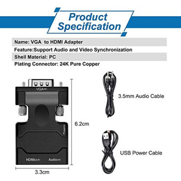 zikvik VGA to HDMI Adapter/Converter with Audio (Old PC to TV/Monitor with HDMI), Male VGA to HDMI Video Adapter for TV, Computer, Projector with Audio, Power Cable -D-Sub, 15-pin