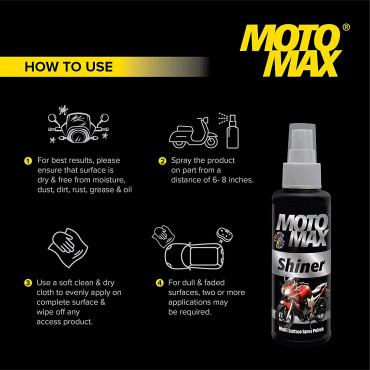 Motomax Shiner Multi surface Spray Polish 100 ml|Instantly Cleans, Polishes and Shines Bikes, Motorbikes, Sports Bikes, Scooters, Cars, Bullets | Useful for Plastic, Metal, Tyre & Rubber Parts