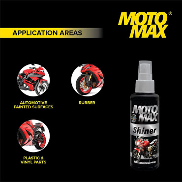 Motomax Shiner Multi surface Spray Polish 100 ml|Instantly Cleans, Polishes and Shines Bikes, Motorbikes, Sports Bikes, Scooters, Cars, Bullets | Useful for Plastic, Metal, Tyre & Rubber Parts