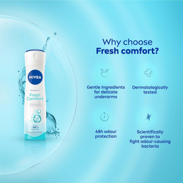 NIVEA Fresh Comfort Deodorant, 150ml | 48 H Smooth & Beautiful Underarms| 0% Alcohol | For Women