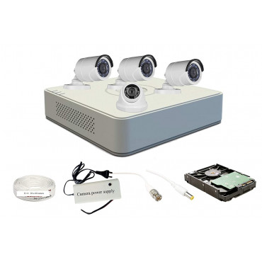 Hikvision 4 Ch HD ECO DVR and 3 Bullet; 1 Dome HD Camera Combo Kit - Include All Require Accessories for 4 Camera Installation ( White )