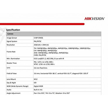 Hikvision 5 MP Outdoor Bullet CCTV Camera with inbuilt Audio Mic IP67 DS-2CE16H0T-ITPFS, White
