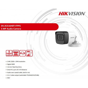 Hikvision 5 MP Outdoor Bullet CCTV Camera with inbuilt Audio Mic IP67 DS-2CE16H0T-ITPFS, White
